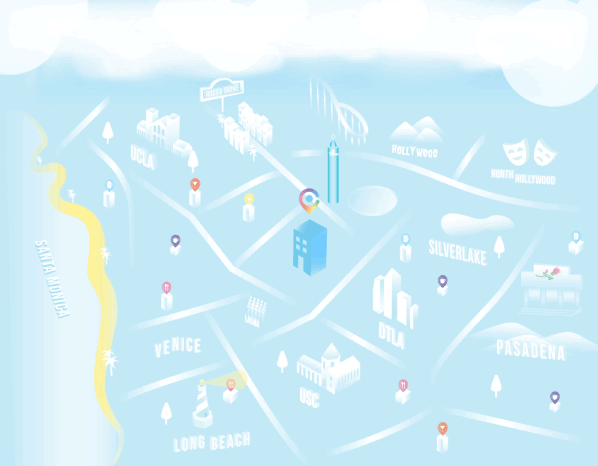 Animated isometric map illustration of Los Angeles showing Venice, Long Beach, Silverlake, Pasadena, and Hollywood neighborhoods with location markers
