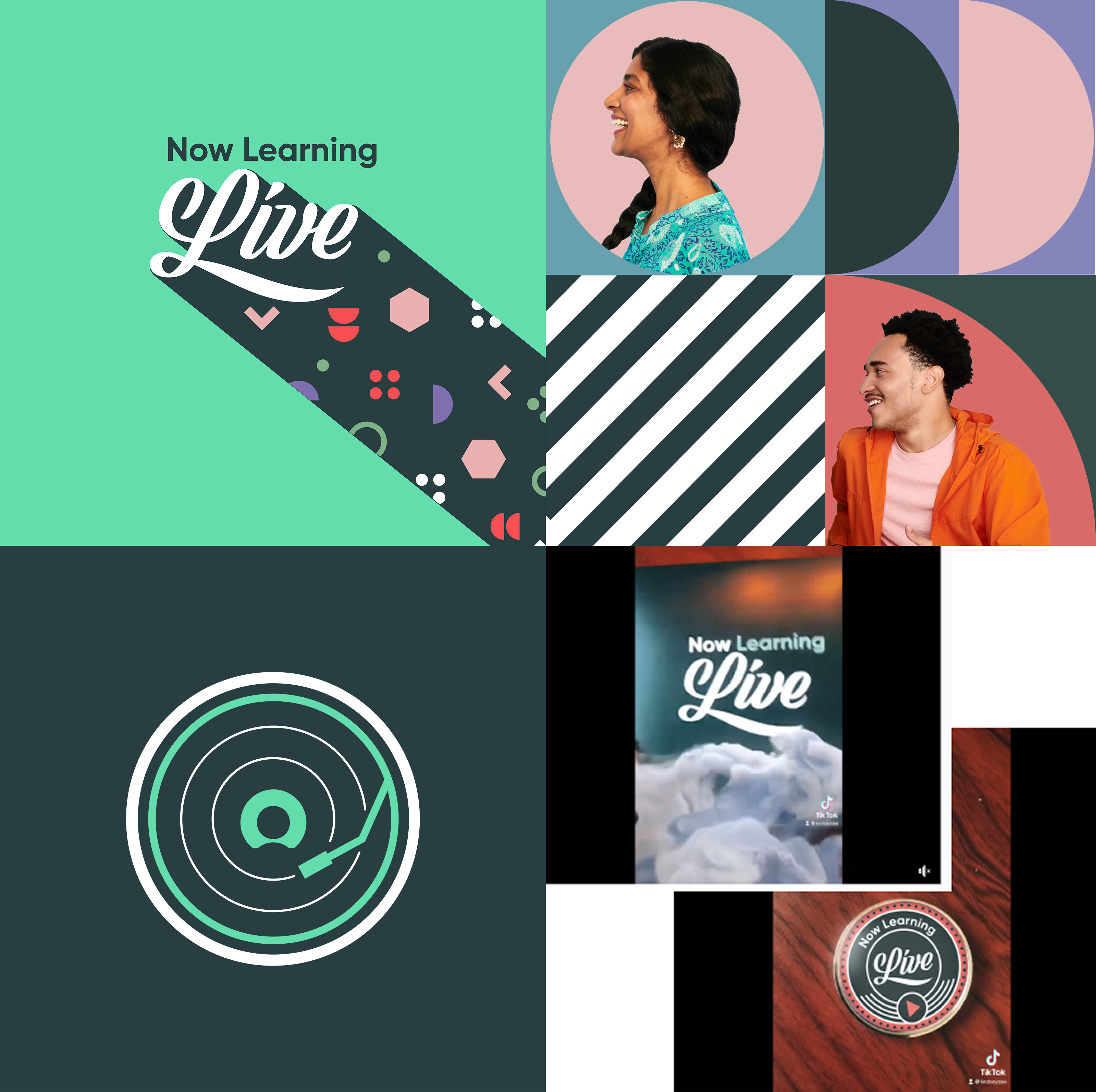 Now Learning Live brand collage showing logo designs, social media content, and promotional materials with mint green branding and vibrant geometric patterns