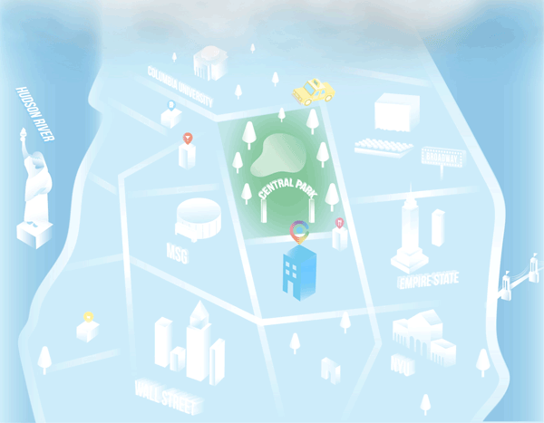 Animated isometric map illustration of New York City showing Central Park, Hudson River, and Empire State with colorful location pins