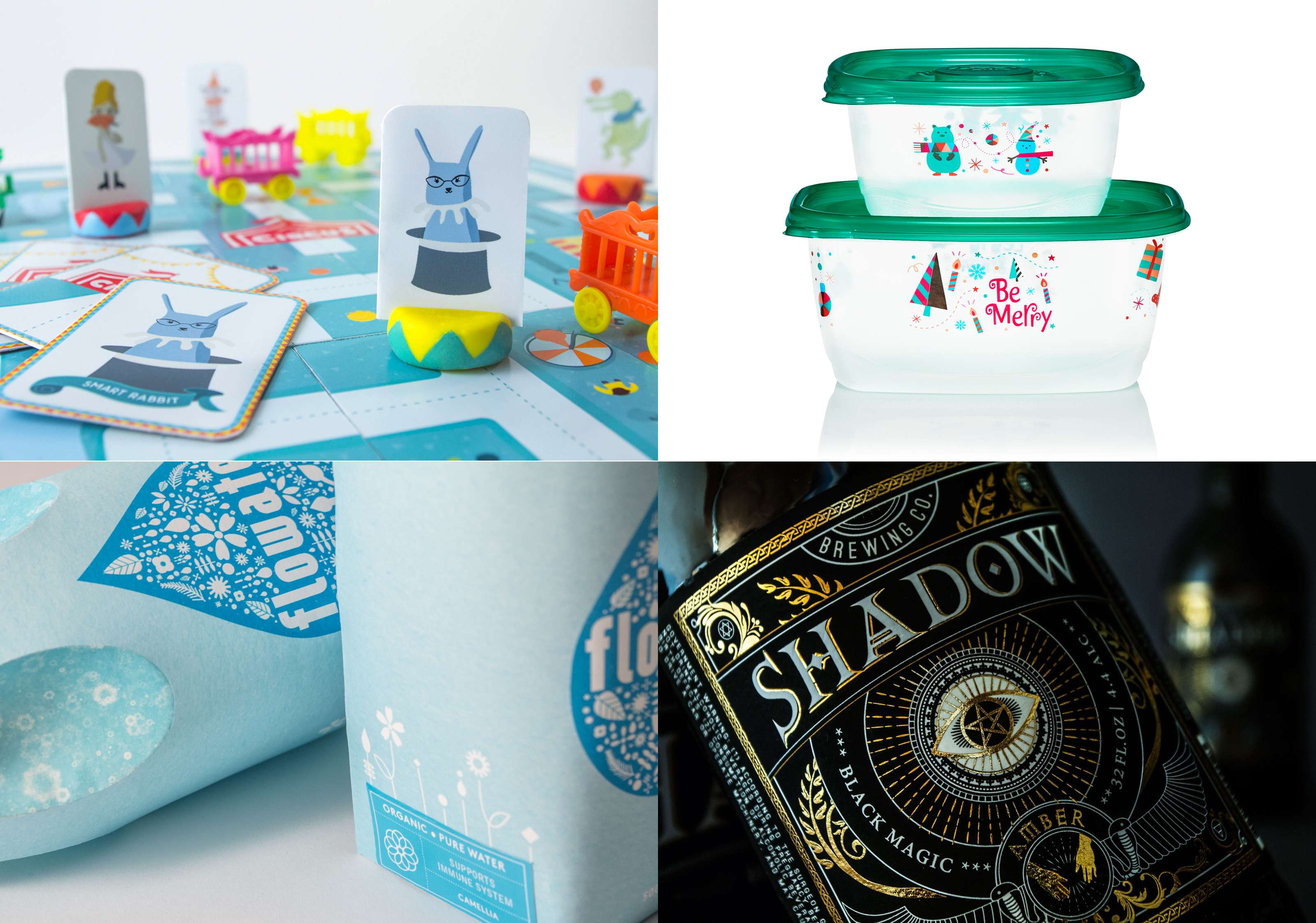 Print design portfolio showcasing children's board game with illustrated characters, holiday storage containers with festive designs, Flipmoji organic water packaging with floral patterns, and Shadow Black Magic beer bottle with ornate vintage label