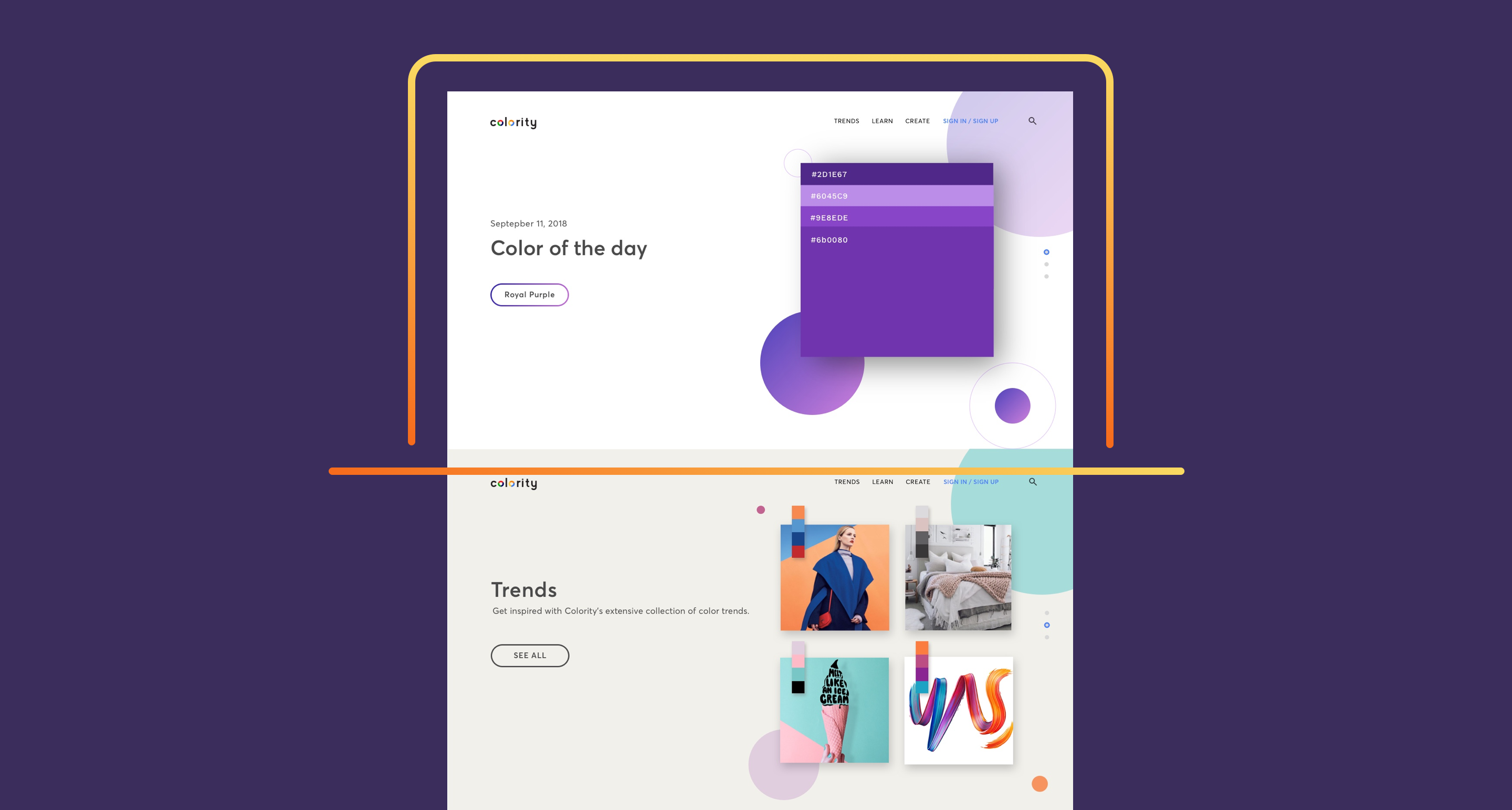 Colority website design showing color of the day feature with Royal Purple palette and trends section with colorful design examples