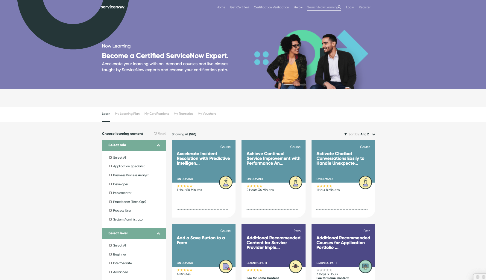 ServiceNow Learning platform interface showing course catalog with filters, navigation, and various on-demand courses and learning paths including Incident Resolution, Service Improvement, and Chatbot courses