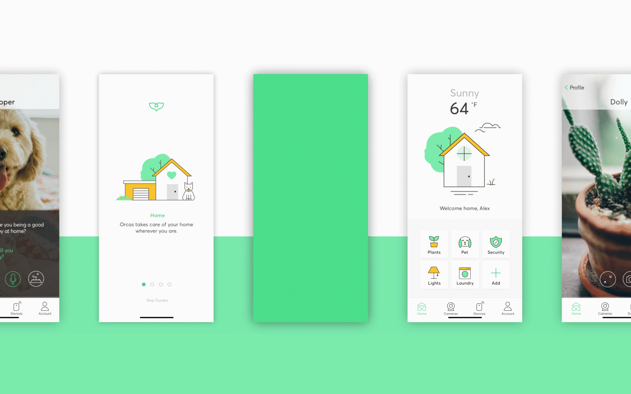 Orcas smart home app interface showing onboarding flow, home dashboard with weather, and pet care features with green mint color scheme