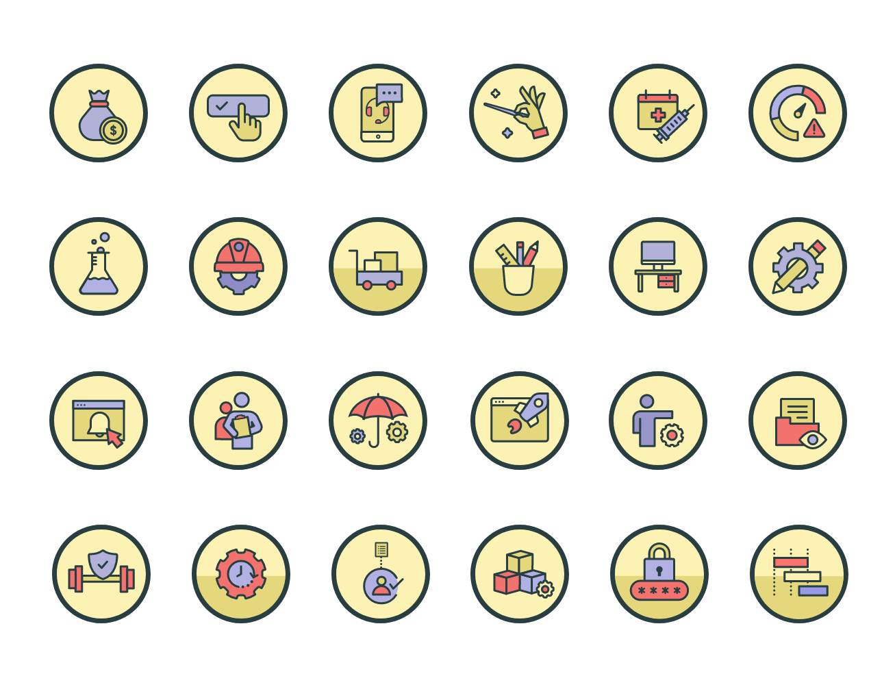 ServiceNow learning badges with pale yellow backgrounds showing service management and workflow icons including money bag, mobile phone, calendar, delivery truck, and various service tools