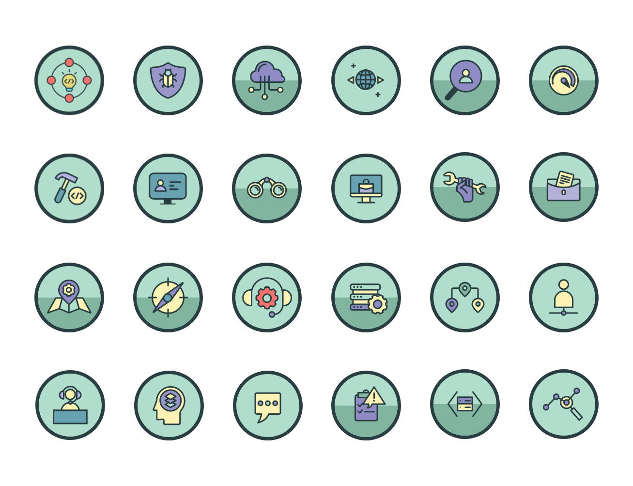 ServiceNow learning badges with mint green backgrounds showing technical and development icons including lightbulb, bug shield, cloud network, user search, and various development tools