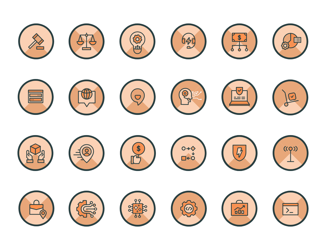 ServiceNow learning badges with coral orange backgrounds showing business and enterprise icons including gavel, scales, headset, payment systems, and technical infrastructure