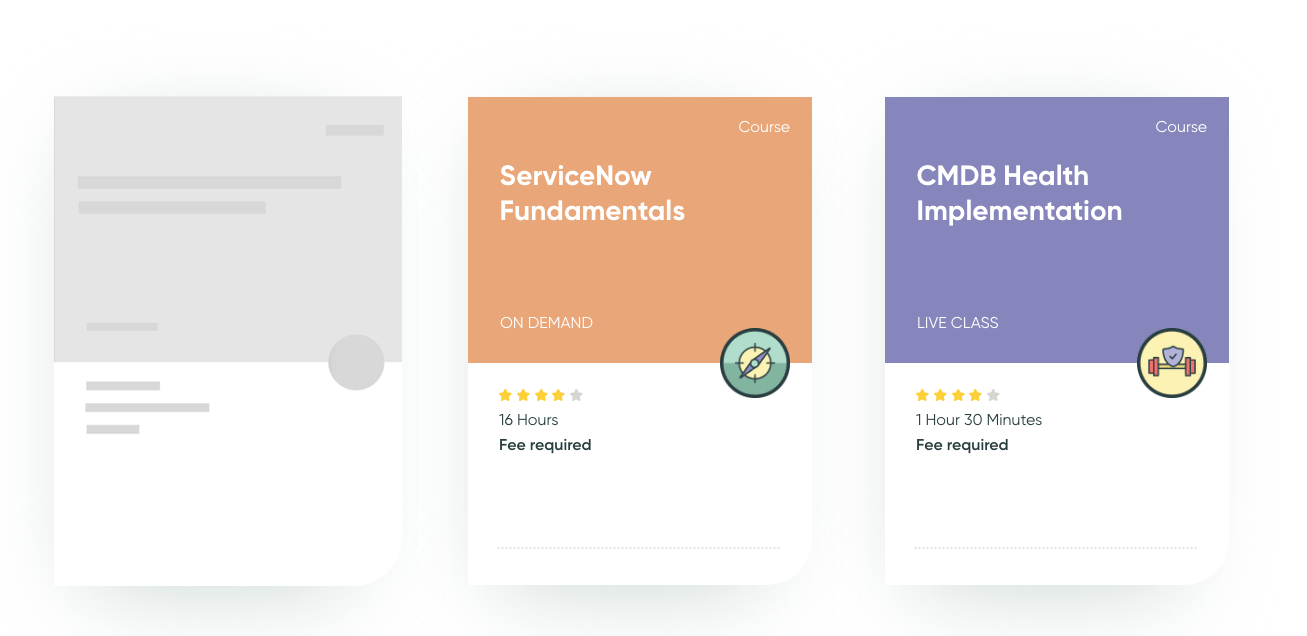 ServiceNow learning platform course cards showing ServiceNow Fundamentals and CMDB Health Implementation courses with ratings, duration, and fee information